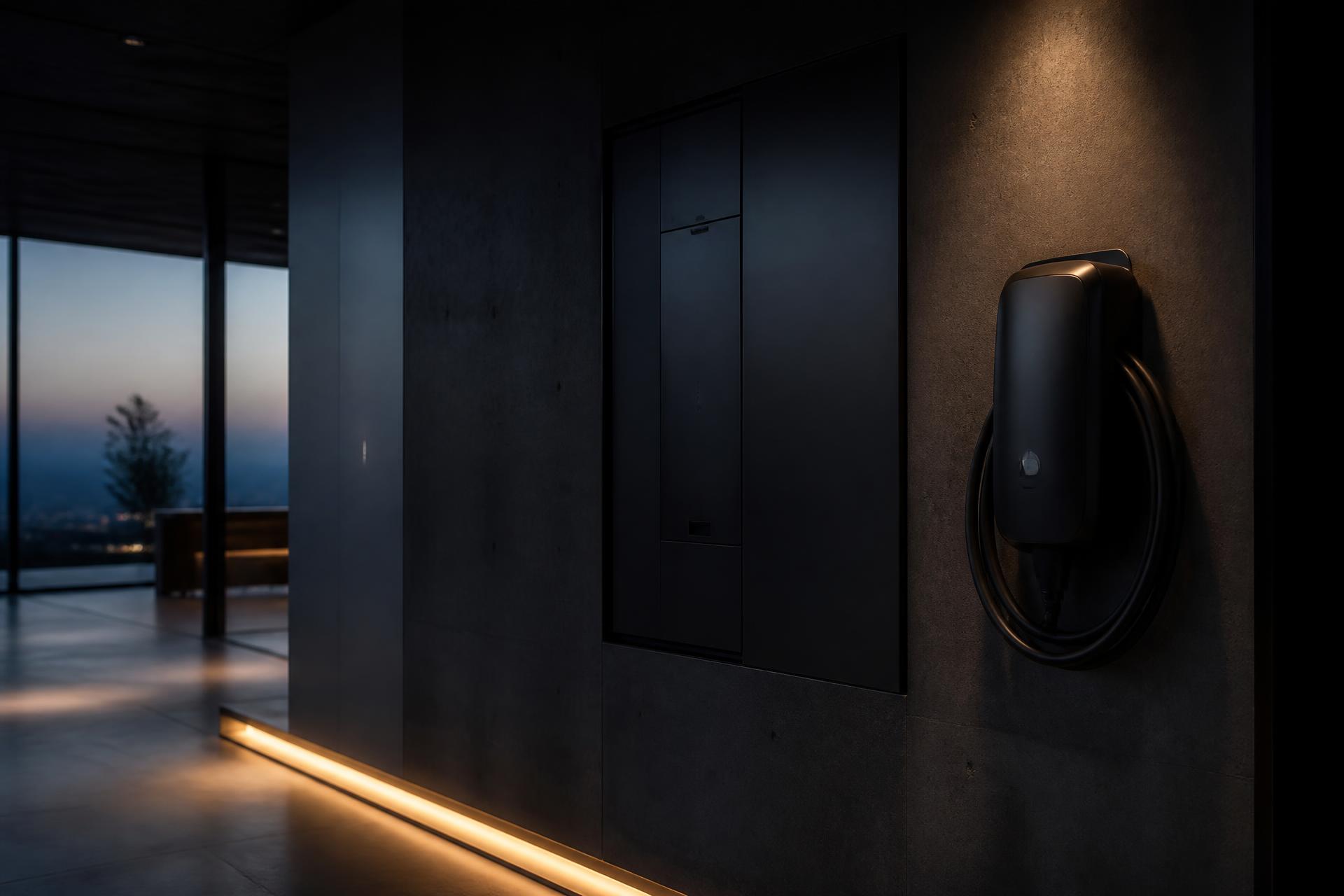 Concealed electrical panel and EV charger in a dark modern residence with controlled architectural lighting